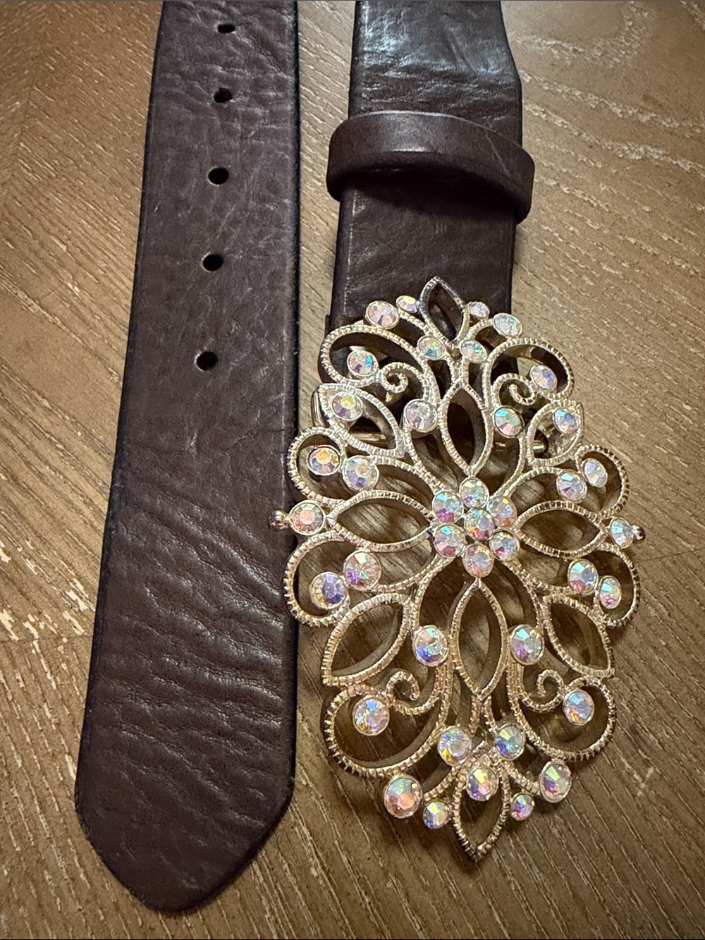 Women’s Black Genuine Leather Belt with Rose Gold Floral Crystal Buckle